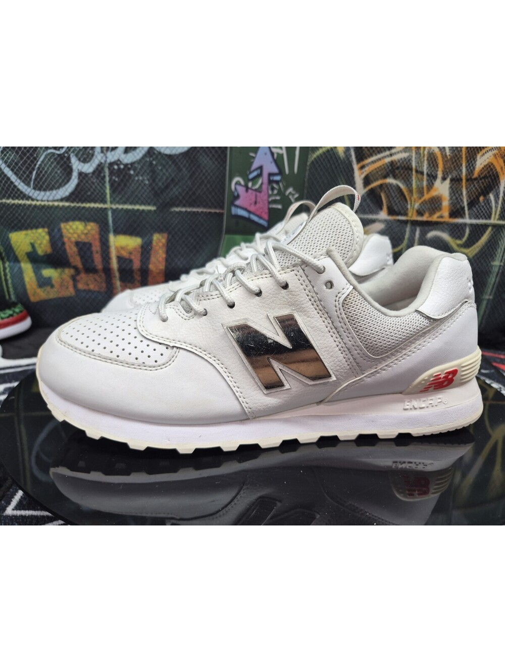 New Balance 574 Metallic White/Neo Flame Leather mens Size 10.5